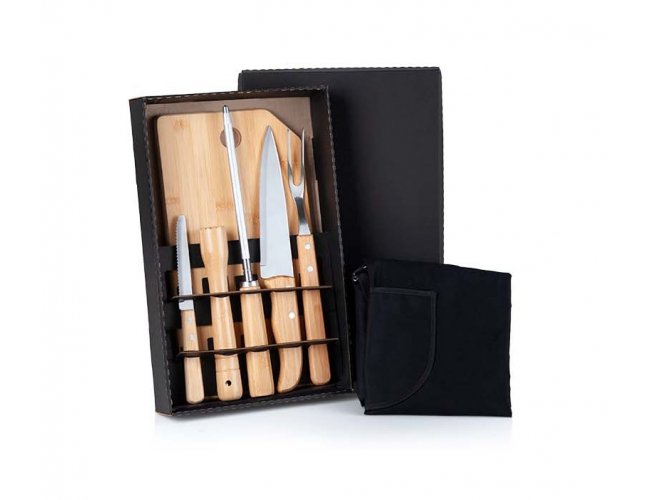 Kit Para Churrasco Em Bambu / Madeira / Inox Com Avental- 8 Ps
