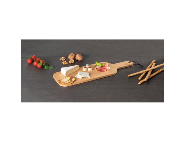 Tbua em bambu ideal para servir aperitivos com fitas para pedurar