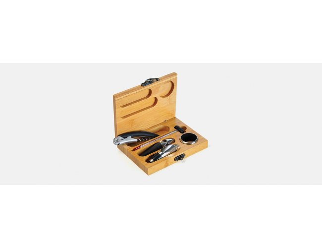 Kit Para Vinho Com Estojo Em Bambu - 6 Ps
