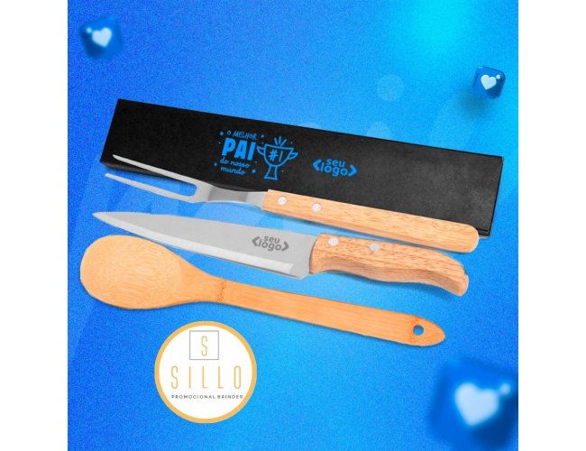 Conj. Garfo, Faca 7" Em Madeira E Colher Em Bambu - 3 Ps- Dia dos Pais