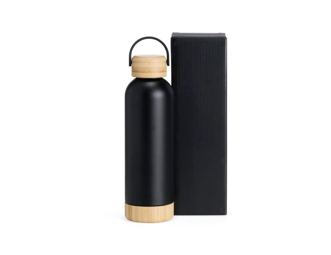 Garrafa Parede Dupla Com Detalhes Em Bambu - Preta - 500 Ml