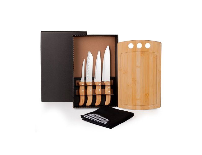 Kit Para Cozinha Em Bambu / Madeira / Inox Com Avental - 6 Ps