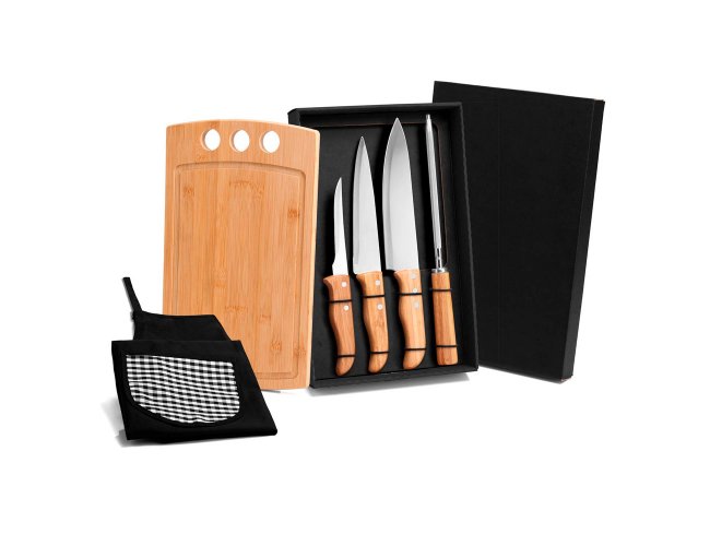 Kit Para Cozinha Em Bambu / Madeira / Inox Com Avental - 6 Ps