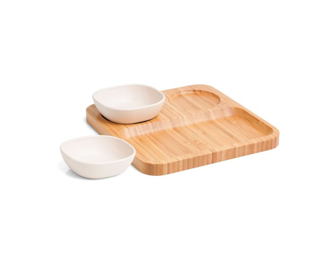 Conjunto para petiscos e pats em Bambu/Fibra de bambu. Acompanha dois potes em fibra de bambu e base em bambu. Kit Peti